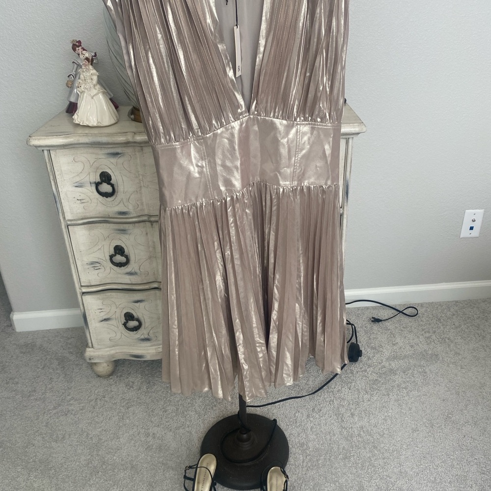 Banana Republic Metallic Taupe Pleated Midi Dress - Picture 2 of 8